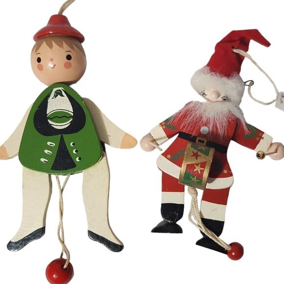 VTG SANTA CLAUS & GERMAN GIRL CHRISTMAS ORNAMENTS HAND PAINTED PULL STRING WOOD - Picture 1 of 5